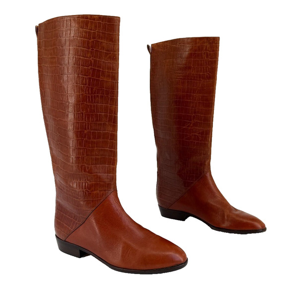 Vtg Saks Fifth Avenue Boots Sz 7.5 Brown Leather Tall Riding Flat Croc Embossed - Picture 1 of 12